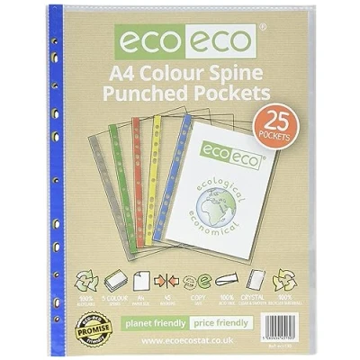 Image of eco A4 100% Recycled Coloured Spine Multi Punched Pockets Glass Clear, Transparent Poly Wallet Sheet Protector, 45 Microns (Pack of 25), eco130,Multi