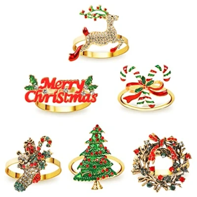 Image of 6pcs Christmas Napkin Rings Alloy Xmas Holder Buckle Table Decor for Dinner, Party and Decorations Stocking Fillers