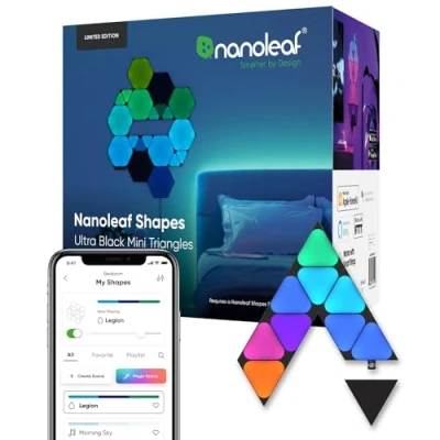 Image of Nanoleaf Shapes Ultra Black Mini Triangle Expansion Pack, 10 Additional Smart Light Panels LED RGBW Modular Wi Fi Colour Changing Wall Lights, Works with Alexa Google Assistant Apple Homekit