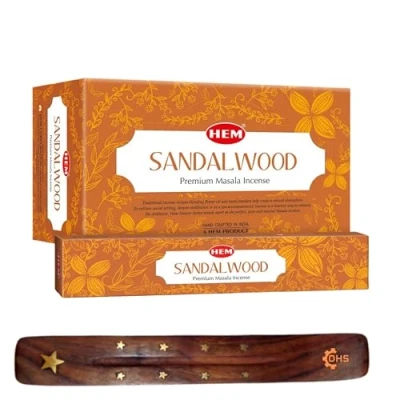 Image of HEM Sandalwood Premium Incense Sticks, Full Pack of 12, Each 15 gms with DHS stick holder for Yoga, Meditation, Healing, Spirituality, Aromatherapy, Spa and Relaxation…