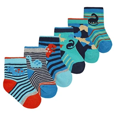 Image of Metzuyan Baby Boys 6 Pairs Novelty Print Cotton Rich Multibuy Ankle Socks Dino 0