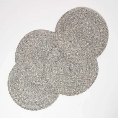 Image of HOMESCAPES Set of 4 Handwoven Silver Grey Placemats with Braided Pattern and Non Slip Back 40 cm Round Table Mats for Indoor &amp; Outdoor Use