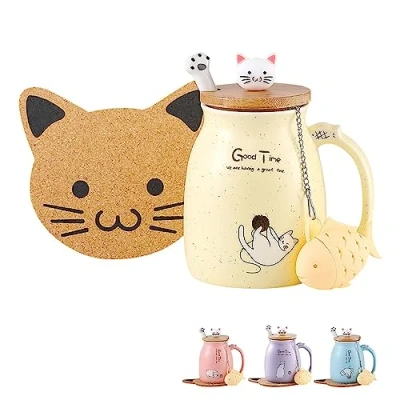 Image of BigNoseDeer Tea Cup With Infuser and Lid Ceramic Coffee Mug Kawaii Cat Cute Mugs Cool Preppy Stuff Gifts Birthday for Women Girls(13oz)