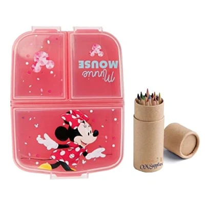 Image of OM SUPPLIES Minne Reusable Sandwich Lunch Box 3 Multi Compartment Kids Children School Includes Half Size 12pcs Pencil Set (Minnie)