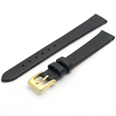 Image of Fine Calf Leather Watch Strap Band 14mm Black with Gilt (Gold Colour) Buckle. Free Spring Bars (Watch Pins)