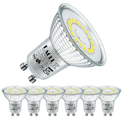 Image of EACLL GU10 LED Bulbs Cool White 4.8W Equivalent 75W Halogen, Pack of 6, 585 Lumen 6400K Reflector Lamp, AC 230V Flicker Free Spotlight, 120 Wide Beam Angle, Non Dimmable Energy Saving Light