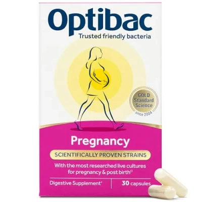 Image of Optibac Probiotics Pregnancy 12 Billion CFU &amp; FOS Fibres, Vegan Probiotic Supplement for Pregnant Breastfeeding Women, 30 Capsules