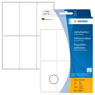 Image of HERMA Multi Purpose Labels, 6 Labels per Sheet, 32 Sheets, 40 x 75 mm, 192 Self Adhesive Large Stickers, Blank Sticky for Office Kitchen Home, White