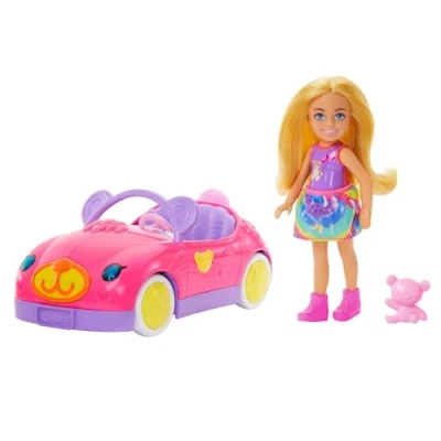 Image of Barbie Chelsea Doll &amp; Toy Car Set with Bear Themed Convertible Teddy Accessory, Blonde Small Wears Removable Skirt Shoes, HXN05