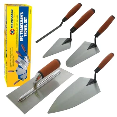 Image of 5pc Tradesman Trowel Set Brick Jointer Hand Plastering Builders Hardened &amp; Tempered Steel Blades Tool Professional Quality