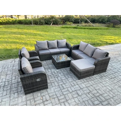 Image of High Back Rattan Garden Furniture Set with Square Coffee Table Big Footstool Indoor Outdoor Patio Lounge Sofa Dark Grey Mixed Fimous