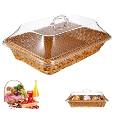 Image of Wicker Basket With Acrylic Lid, Storage Basket, Lid for Food, Tabletop Food Serving Woven Bread Picnic (Brown)