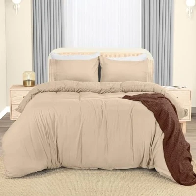 Image of Utopia Bedding Double Duvet Cover Set with Embroidered Pillowcases Soft Microfibre Polyester (Beige)