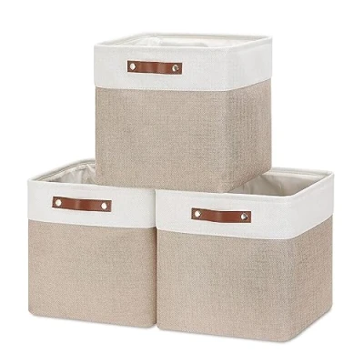 Image of Mangata Collapsible Storage Cube Boxes, Linen Woven Fabric Baskets, Closet Organizer with Leather Handles (Light Khaki and White)