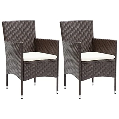 Image of vidaXL Garden Dining Chairs Set 2 pcs Poly Rattan Design, Weather Resistant Material, Includes Comfortable Cushions Ideal for Garden, Patio &amp; Deck Furnishing Brown