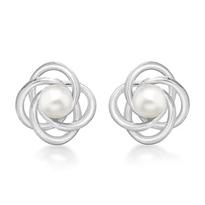 Image of Tuscany Silver Women&#039;s Sterling 4 Ring Knot and Pearl Stud Earrings