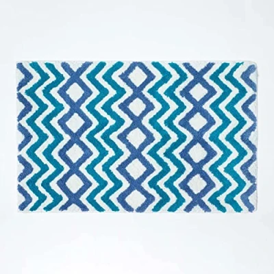 Image of HOMESCAPES Super Absorbent Soft 100% Cotton Chevron Blue and Teal Bathmat with Geometric Pattern Non Slip Latex Backing, 50 x 80 cm Large Shower Mat Machine Washable