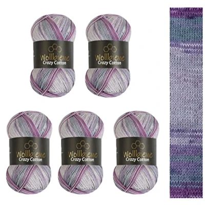 Image of 5 x 100 g Wollbiene Crazy Cotton Batik, 500 with Colour Gradient, 55% Cotton, Multicoloured Knitting Wool, Crochet All Year Wool (6050 Berry, Purple, Grey)