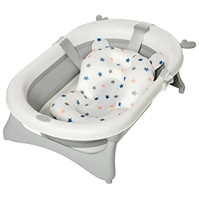 Image of HOMCOM Foldable Baby Bathtub Set, Collapsible Bath Tub with Thermostatic Water Plug, Non Slip Support, Cushion Pad, Drain Plugs, for Newborn to 3 Years Offwhite
