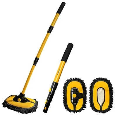 Image of YeewayVeh Car Wash Brush with Long Handle, Microfiber Mop 2 Replaceable Chenille Head, Soft Cleaning 15 Curved Extension Pole Kit for RV Truck Camper, YELLOW