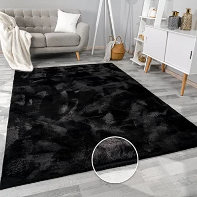 Image of Paco Home Large Rug Faux Fur Fluffy Shaggy High Pile Soft Washable, Size:120x160 cm, Colour:Black