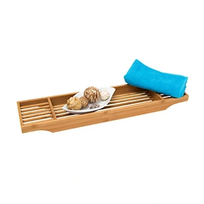Image of Relaxdays Bamboo Bathtub Tray with 3 Compartments, 5.5 x 70 16.5 cm, Decorative Wooden Bath Caddy, Brown