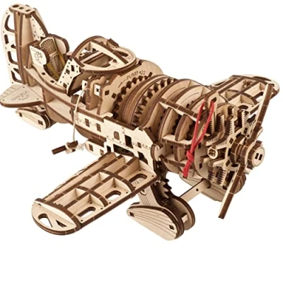 Image of UGEARS Airplane Model 3D Puzzles Legendary 1930s Racing Mad Hornet with Wind Up Helical Spring Motor Wooden Plane Kits for Adults to Build Aircraft