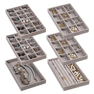 Image of Frebeauty Jewelry Organizer Tray,Stackable Velvet Trays,Drawer Inserts Earring for Women Girls Storage Display Case Rings Stud Necklaces,Set of 6(Grey)