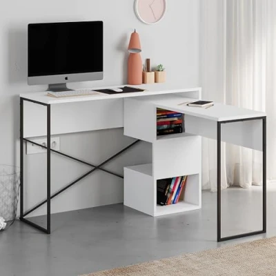 Image of HOCUS PICUS Modern L Shaped Desk Black Metal Legs Adjustable Extra Small Table Storage Shelves Industrial Versatile Design Study Office 3 Cube Open Shelf for Books Stuffs 110cm(W) (White)