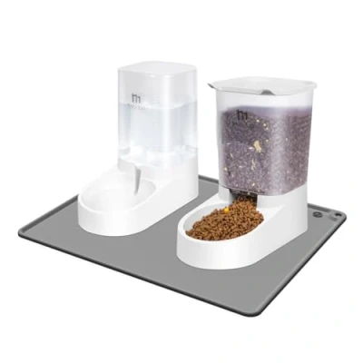 Image of Marchul Cat＆Dog Feeder and Waterer Dispenser Set with Silicone Mat, Automatic Cat Feeders, Outdoor Sun Protection Design Gravity Food Pet Scoop Sponge Bottle Brush
