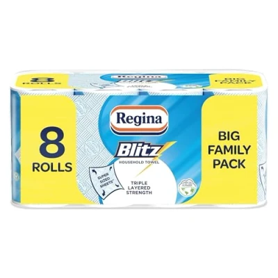 Image of Regina Blitz Household Towels 8 Triple Layered Rolls, 70 Sheets Per Roll, Paper Packaging, FSC Certified Paper, Recyclable 60% Larger Than Standard Kitchen Roll