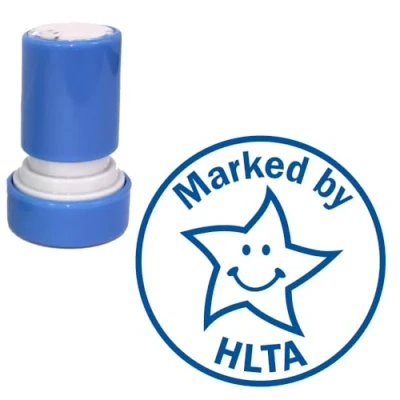 Image of Marked by HLTA, Self Inking Teacher Stamp (High Level Teaching Assistant). 22mm, Blue Ink, Cute Smiley Star Design