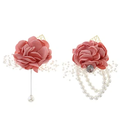 Image of YINETTECH 2PCS Wrist Corsage Boutonniere for Wedding Party Prom Bridal Silk Flower Bridegroom Rose Wristband Hand Flowers Pink
