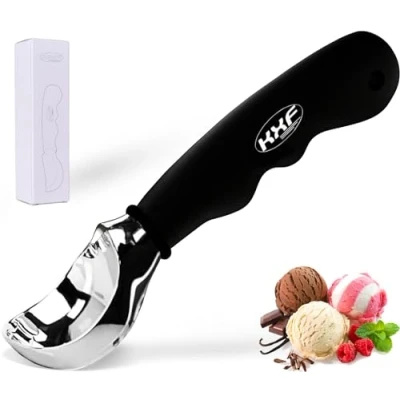 Image of KXF Stainless Steel Ice Cream Scoop with Non Slip Rubber Grip Heavy Duty Spoon Sturdy Icecream Scooper Cookie Fruit for Dough, Mash Potatoes, Melon Balls, Dishwasher Safe(Black)