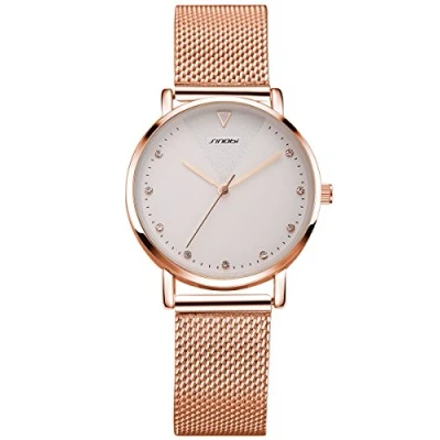 Image of Alienwork Women&#039;s Watch Rose Gold Metal Mesh Strap White Rhinestone Glitter Elegant