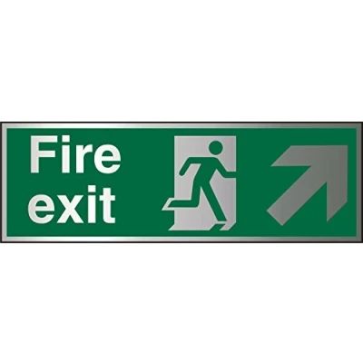Image of Seco Fire Exit Exit, Man Running Right, Arrow Pointing Up &amp; Right Sign, 450mm x 150mm 1.5mm Brushed Aluminium Composite
