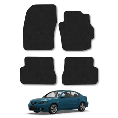 Image of Car Mats Compatible with Mazda 3 (2004 2009) Tailored Fit Black Carpet Floor Set Accessory Custom 4 Pieces Anti Slip Backing &amp; Binding Trim Edge