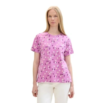 Image of TOM TAILOR Women&#039;s 1040544 Basic T Shirt with Print, 35317 Purple Offwhite Flower Design, XS