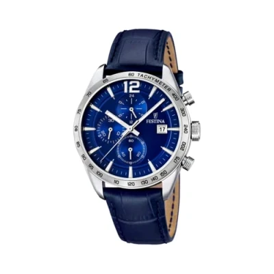 Image of Festina Men&#039;s Quartz Watch with Blue Dial Chronograph Display and Leather Strap F16760/3