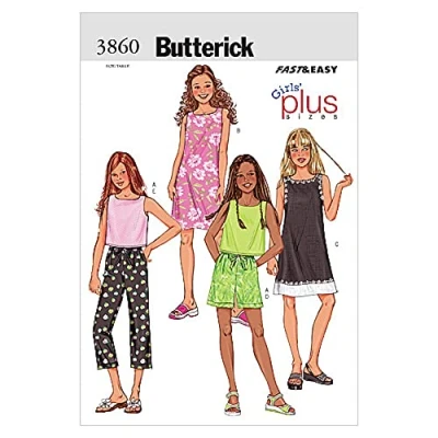 Image of Butterick Patterns B3860 Size 7 8 10 12 14 Girls Plus Top/Dress/Shorts/Pants, Pack of 1, White