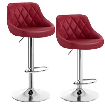 Image of WOLTU Bar Stools Dark Red Chairs Breakfast Dining for Kitchen Island Counter Set of 2 pcs Leatherette Exterior, Adjustable Swivel Gas Lift, Steel Footrest &amp; Base