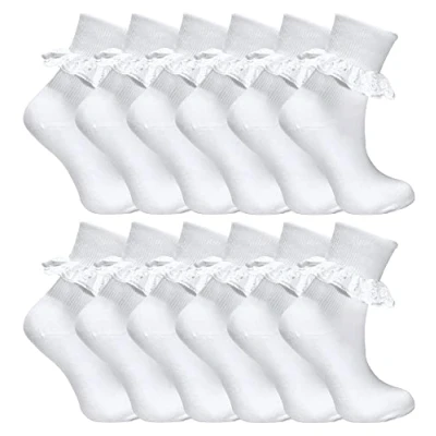 Image of Sock Snob 12 Pair Multipack White Frilly Lace Socks 7 Sizes Girls Cute Cotton Rich School (11 14 Years, White)