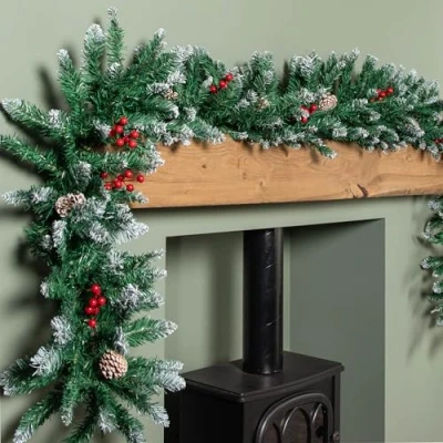 Image of Samuel ALEXANDER 2.7m Snow Tipped Christmas Garland with Red Berries, Cones &amp; Bullet Tips