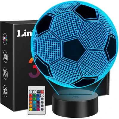 Image of Linkax Football Gifts for Boys, 3D Illusion Night Lamp, Light Kids Girls, 16 Colors Change, 6 7 8 9 10 Year Old Boy Birthday Bedroom Accessories Decor Christmas