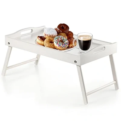 Image of KADAX Bed Table, Breakfast Tray Made of Pine Wood, 19 x 30 50 cm Serving Tray, Folding Food for in Bed, Side Table (White)