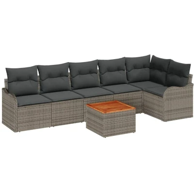 Image of vidaXL 7 Piece Garden Sofa Set with Cushions Grey Poly Rattan Acacia