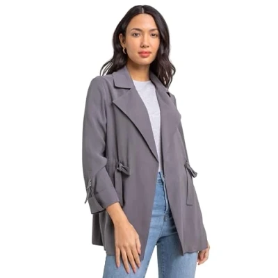 Image of Roman Originals Tie Waist Jacket for Women UK Ladies Summer Coat Spring Daywear Holiday Longline Long Sleeve Comfy Everyday Smart Jackets Grey Size 22