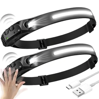 Image of Head Torch Headlamp 2 Packs, 6 Modes Motion Sensor Headlight, 230 Wide View Rechargeable LED Headtorch, IPX4 Waterproof, Hands Free Flashlight, Gift for Adults &amp; Kids,Camping,Running,Fishing,Cycling