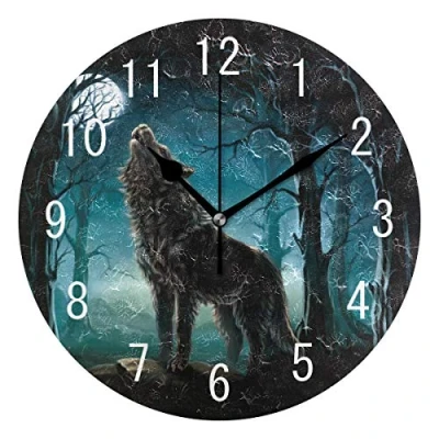 Image of Use7 Home Decor Moon Wolf Forest Landscape Nature Round Acrylic Wall Clock Non Ticking Silent Art for Living Room Kitchen Bedroom