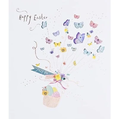 Image of Paperlink Artistic Open &#039;Happy Easter&#039; Greeting Card Easter Basket &amp; Balloons From The Lemon Sorbet Range With A Rose Gold Foil Finish